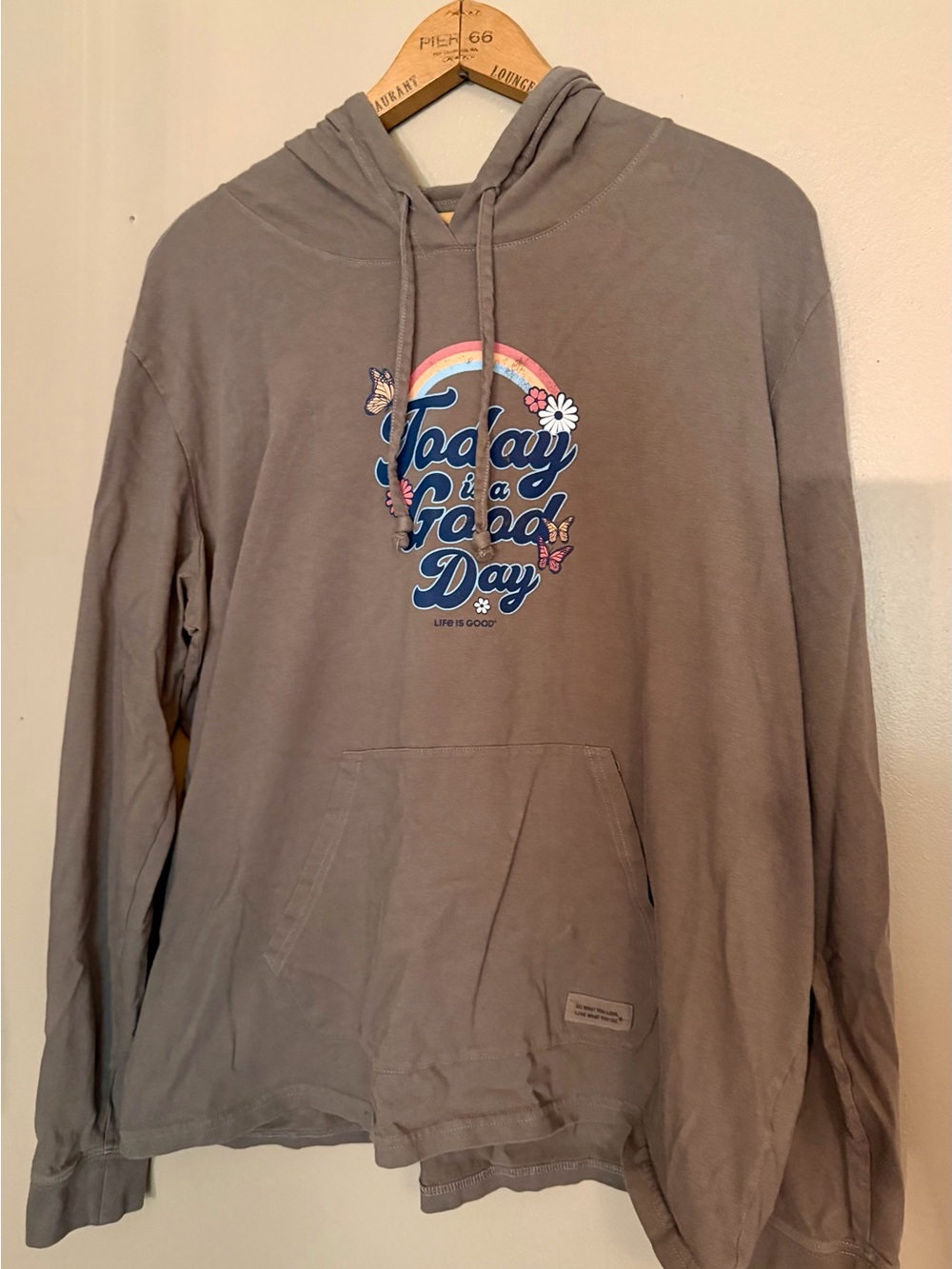 Life Is Good Taupe Gray Graphic Pullover Long Sleeve Tee Rainbow and Butterflies